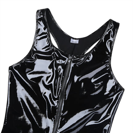 Men Lingerie Wet Look Patent Leather Bodysuits One-piece Sleeveless Crotchless Singlet Boxer Briefs Leotard Erotic Nightwear