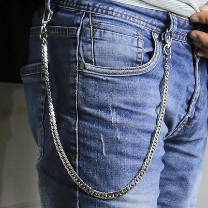 Long Metal Wallet Chain Leash Pant Jean Keychain Ring Clip Men's Hip Hop Flat Stainless Steel Necklace Jewelry