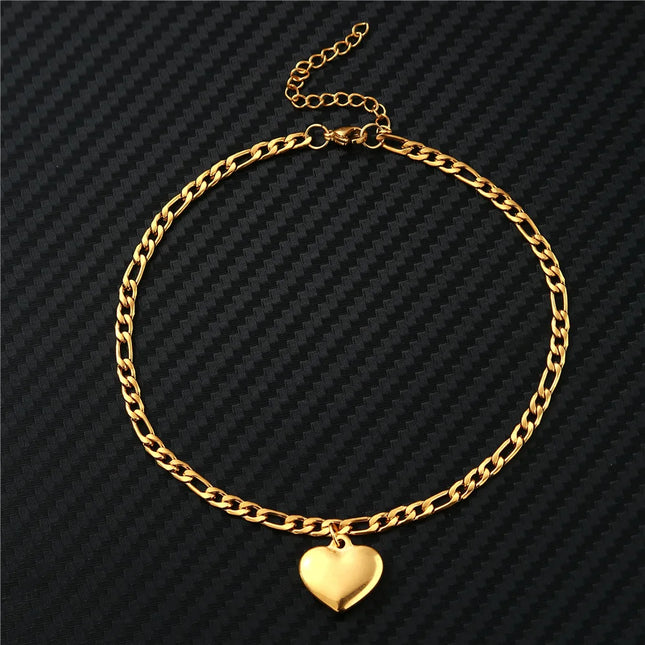 Women's Ankle Leg Bracelet Beach Jewelry Ladies Gold Color Stainless Steel Figaro Chain With Heart Pendant Anklets for Women