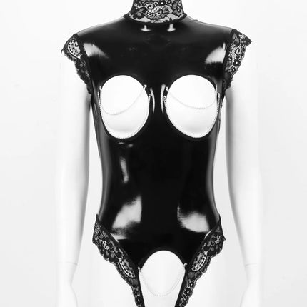 Women Sexy Exposed Nipples Crotchless Bodysuit Sleeveless Wet Look Patent Leather Lingerie Leotard Pole Dance Clubwear Nightwear