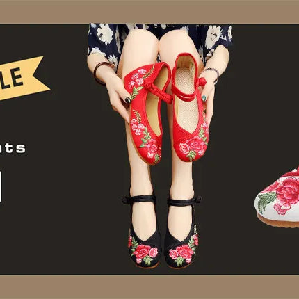 Veowalk Sunflower Embroidered Women Canvas Ballet Flats Ankle Strap Ladies Casual Cotton Chinese Embroidery Ballerina Shoes
