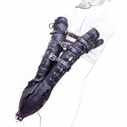 Kinky Women PU Leather Opera Full Length Gloves Arm Restraint Lockable Lacing and Buckling Double Mitts Fetish Costume