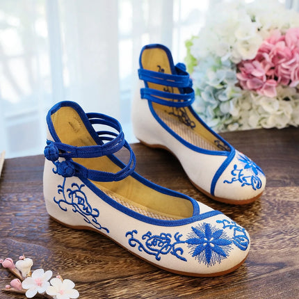 Veowalk Sunflower Embroidered Women Canvas Ballet Flats Ankle Strap Ladies Casual Cotton Chinese Embroidery Ballerina Shoes