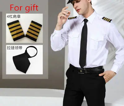 Super Quality Pilot Shirt Mens White Airline Pilot Uniforms Hair Stylist Fashion Slim Fit Workwear Big Size Male Clothing