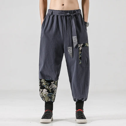 2024 Autumn Men Linen Harem Pants Mens Vintage Chinese Style Cotton Trousers Man Streetwear Pants Male Print Cross Crotch Pants