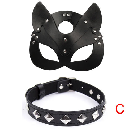 Erotic Cat Women Sex Mask and Collar Cosplay Face Cat Leather Mask Halloween Masquerade Party Mask Erotic Masks Sex Toys