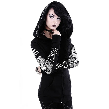Irregular Black Punk Hoodie with Sheep Head and Moon Print Hoodie