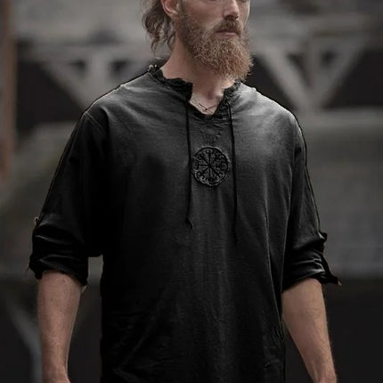 Men Plus Size Shirt Top Ancient Viking Embroidery Lace Up V Neck Long Sleeve Shirt Top For Men's Clothing