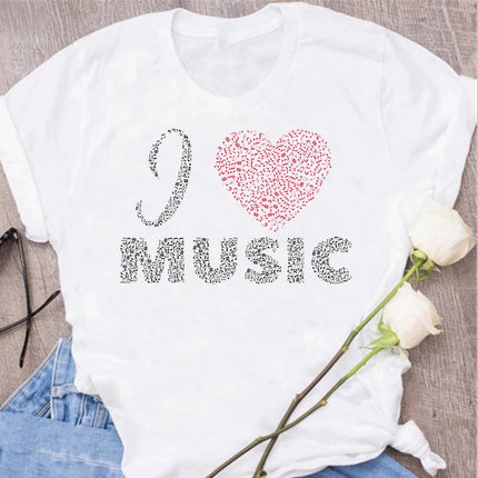 New Harajuku Funny Music Note Art T-Shirt Fashion Women T-Shirt Music Tops Short Sleeves Black T-Shirt Ladies Casual Tees Top