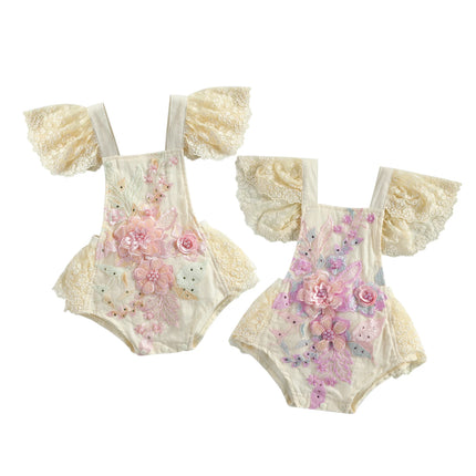 Citgeett Summer Newborn Baby Girls Lace Bodysuit Loose Fly Sleeve Tie-up Playsuit Cute Clothes