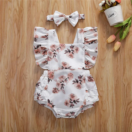 0-24months Baby Girls summer bodysuit Floral Printed Pattern Square Collar Sleeveless infant girls Romper Headdress set
