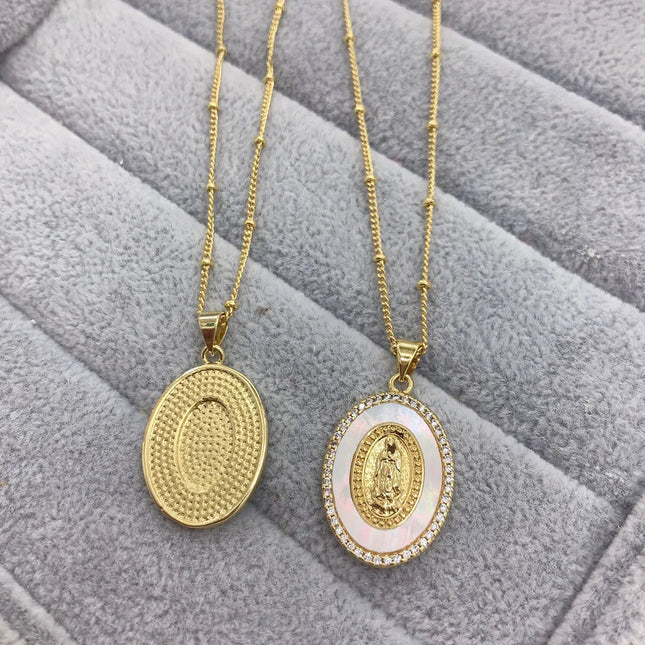 Oval Metal Sea Shell Zircon Virgin Mary Guadalupe Pendant Necklace Blessing Jewelry For Women