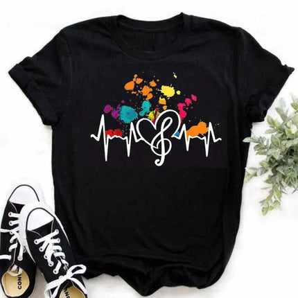 New Harajuku Funny Music Note Art T-Shirt Fashion Women T-Shirt Music Tops Short Sleeves Black T-Shirt Ladies Casual Tees Top
