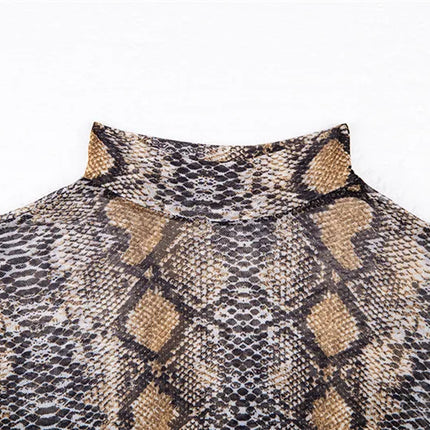 Casual Green Snake Print T Shirt Women Mesh Top Long Sleeve Transparent Snakeskin Female T-shirt High Neck Crop Tops