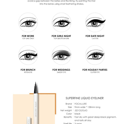 FOCALLURE Soft Black Liquid Waterproof Eyeliner Long Lasting Extra Fine Makeup for Eyes Cosmetics