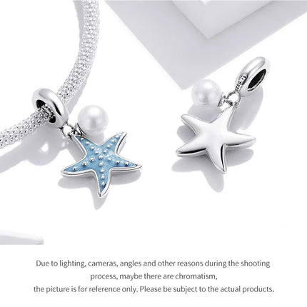 WOSTU 925 Sterling Silver Blue Conch Charm Ocean Bead Animal Turtle Starfish Pendant Fit Original Bracelet Necklace DIY Jewelry