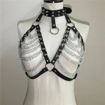 Sexy BDSM Leather Body Harness Chain Bra  Accessoriess for Women Goth Punk Metal Tassel Chest Bra Breasts Body S1143