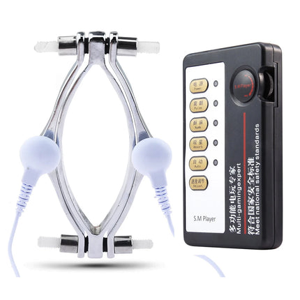 Female Pussy Labia Electric Shock Pussy Metal Clamps Vagina Hollow Peek Adult Game SM Bondage Clitoris Women Sex Toys