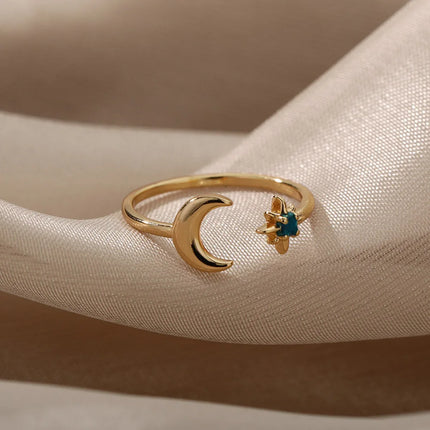 Zircon Moon Star Rings For Women Stainless Steel Glowing Moon Star Adjustable Finger Ring Aesthetic Wedding Jewelery Gift Femme