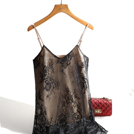 Sexy Lace Spaghetti Strap Top Women Halter V Neck Basic Cami Sleeveless Satin Silk Tank Tops Summer Camisole Plus Size