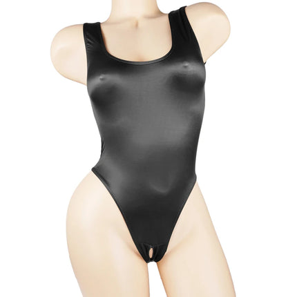 Satin Glossy Leotards One Piece Swimsuit Sexy High-Cut Open Crotch Bikini Thong Bodysuit Shiny Women Lingerie Plus Size