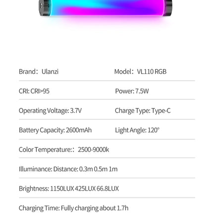 Ulanzi VL110 Handheld RGB Light Tube Stick Video soft Light 2500-9000K LED Photography Stick LED Light Wand Rechargeable