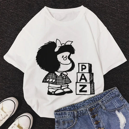 2020 New Summer Fashion Female Pink Tops Mafalda Cute Graphic Print T-shirt Women Harajuku Aesthetic White Tops Kawaii Tshirt