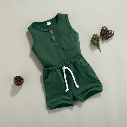 Pudcoco 2 Pcs Newborn Summer Outfits, Baby Solid Color Round Neck Tank Tops with Pocket + Drawstring Shorts 0-3T