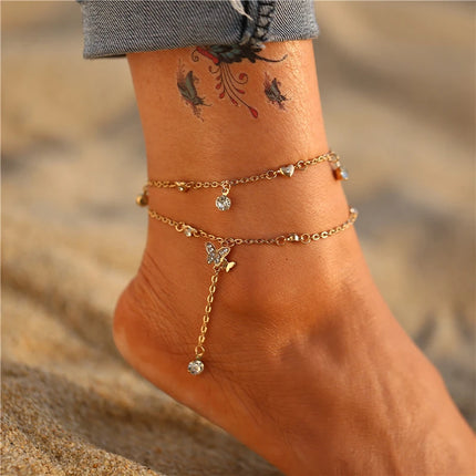Fashion Gold Color  Snake Chain Multilayer Anklets Women Beads Anklet Leg Chain Ankle Bracelets Beach Foot Jewelry Accessories