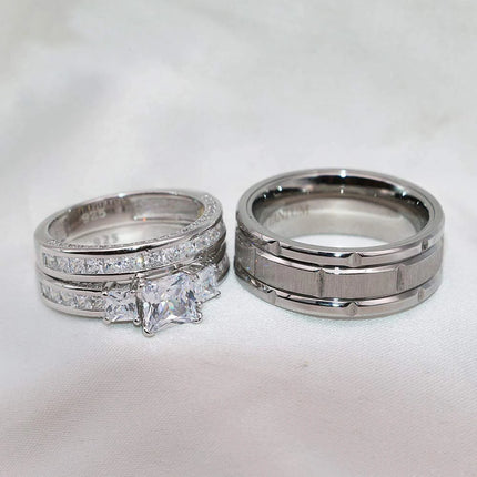 2023 Couple Rings Women Exquisite Rhinestones Zirconia Rings Set Simple Stainless Steel Men Ring Fashion Jewelry For Lover Gifts