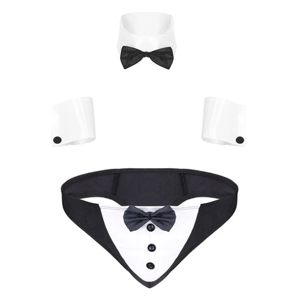 Men Butlers Waiter Lingerie Set French Maid Role Play Costume Triangle Bowknot Thong Briefs Underwear with Collar Cuffs Clubwear