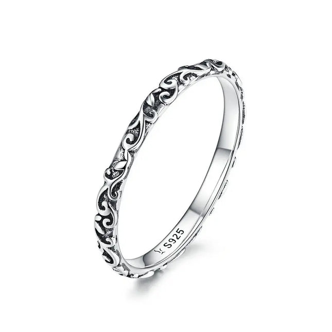 BAMOER 925 Sterling Silver Vintage Embossed Vine Pattern Band Ring for Women, Stackable Engraved Iris Ring Minimalist Daily Gift