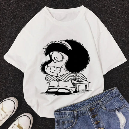 2020 New Summer Fashion Female Pink Tops Mafalda Cute Graphic Print T-shirt Women Harajuku Aesthetic White Tops Kawaii Tshirt
