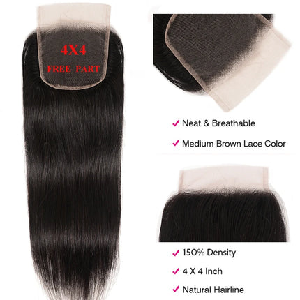 Unice Hair Malaysian Straight Hair Lace Closure 4X4 Free Part Remy Human Hair Closure Swiss Lace 1 PCS 150% Density