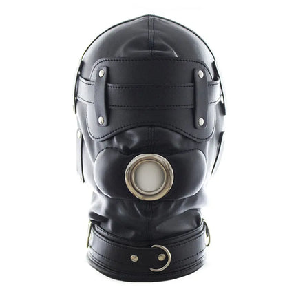 SM Leather Padded Hood Blindfold With Open Mouth Penis Gag Dildo Gag,Fetish Slave BDSM Bondage Head Harness Sex Mask Erotic Toys