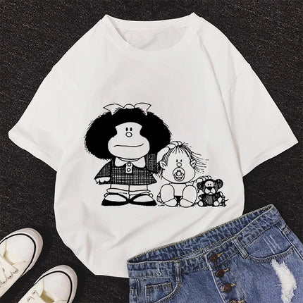 2020 New Summer Fashion Female Pink Tops Mafalda Cute Graphic Print T-shirt Women Harajuku Aesthetic White Tops Kawaii Tshirt