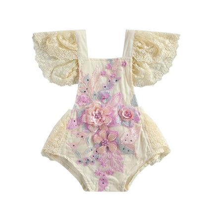 Citgeett Summer Newborn Baby Girls Lace Bodysuit Loose Fly Sleeve Tie-up Playsuit Cute Clothes