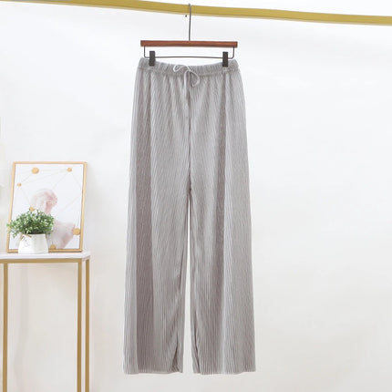 2025 Women's Pleated Loose Ice Silk Korean Casual Cropped Pants Wide Leg Trouse Home Classic Sports Wear Girls Clothes Black Top
