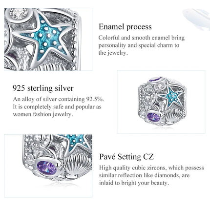 WOSTU 925 Sterling Silver Blue Conch Charm Ocean Bead Animal Turtle Starfish Pendant Fit Original Bracelet Necklace DIY Jewelry
