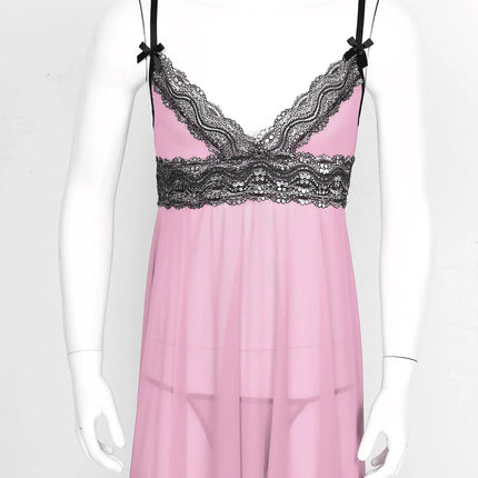 Men Women Babydoll Sleepwear Lace Trim Sissy Lingerie Sets Sling Straps Cross Dress with G-Strings Chemise Nightwear Clubwear