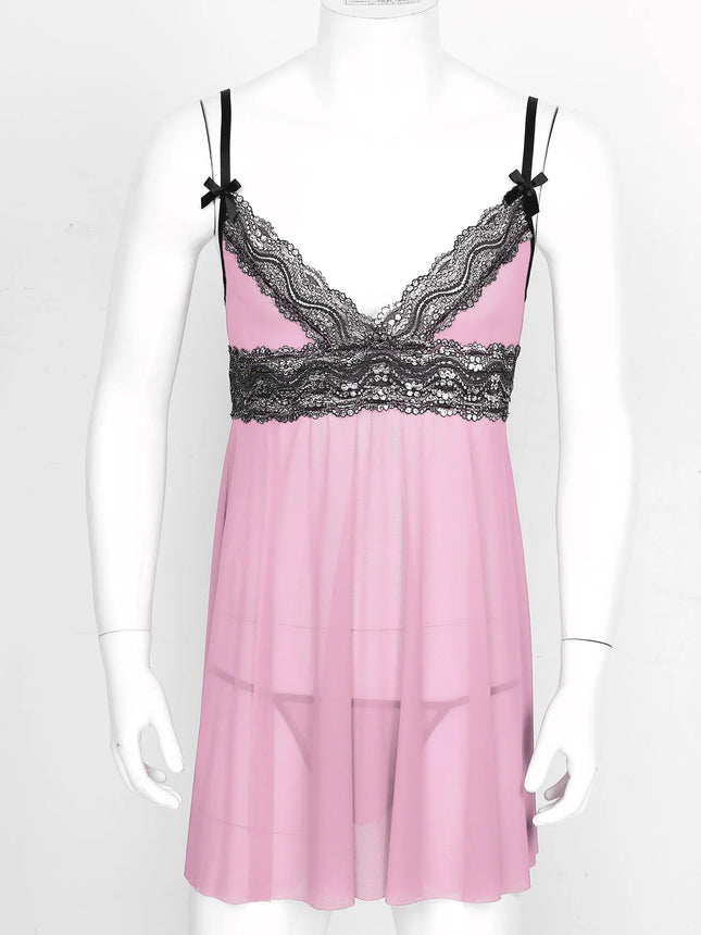 Men Women Babydoll Sleepwear Lace Trim Sissy Lingerie Sets Sling Straps Cross Dress with G-Strings Chemise Nightwear Clubwear