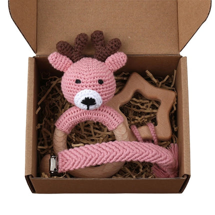 3Pcs/set Infants Shower Gift Baby Pacifier Chain Clip Beech Teether Wooden Teething Ring Newborn Crochet Animal Rabbite Rattle