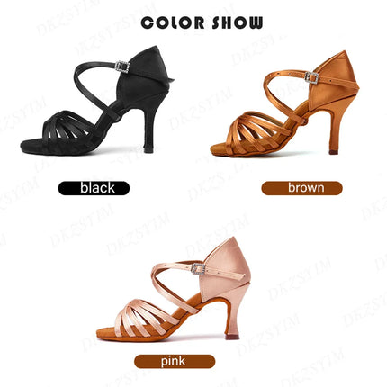 DKZSYIM Latin Dance Shoes Women High Heel Silk Dance Shoes lady Soft Bottom Dance Shoes heeled 8cm Girls Salsa Ballroom Shoes