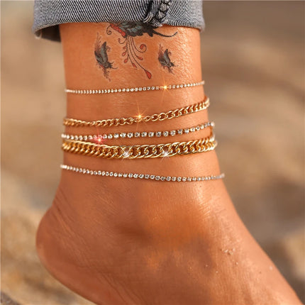 Fashion Gold Color  Snake Chain Multilayer Anklets Women Beads Anklet Leg Chain Ankle Bracelets Beach Foot Jewelry Accessories