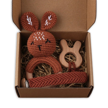 3Pcs/set Infants Shower Gift Baby Pacifier Chain Clip Beech Teether Wooden Teething Ring Newborn Crochet Animal Rabbite Rattle