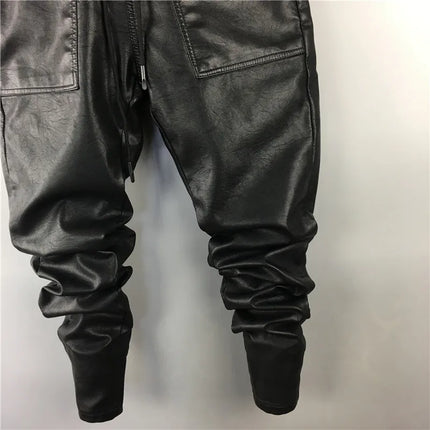 Owen Seak Men Casual Cargo Harem Pants High Street Hip Hop Length PU Faux Leather Sweatpants Autumn Winter Black Big Size