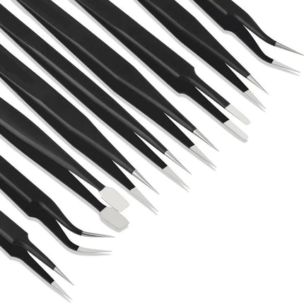 10Pc ESD Tweezer Set 1.5mm thick Anti-static Stainless Steel Non Magnetic Tips for Electronics Repair Soldering Crafting Jewelry