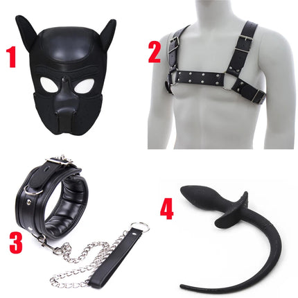 Bdsm Pet Roleplay Set,Puppy Play Dog Hood Mask Party Mask,Leather Male Chest Harness Strap,Dog Tail Plug,Pup Neck Collar Sex Toy