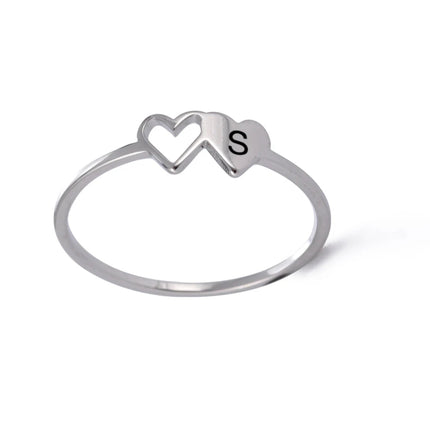 COOLTIME Initial Letter Ring for Women Stainless Steel A-Z Alphabet Double Heart Rings Fashion Wedding Anniversary Birthday Gift