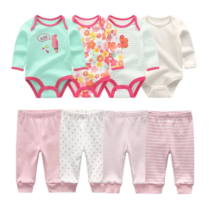 Cotton 6/8PCS Newborn Baby Boy Clothes 0-12M Autumn Bodysuits+Pants Boys Baby Clothing Sets Full Sleeve Baby Girl Clothes